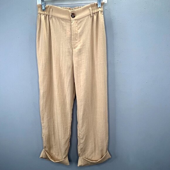 Halara High Waisted Capri Pants S Khaki Tan Linen Feel Comfy Loose Pockets - Picture 1 of 5